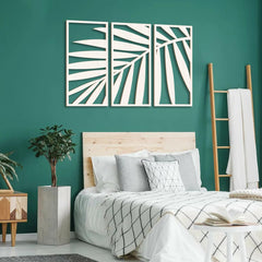 Modern bedroom with green wall, bed, and decorative elements