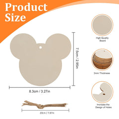 Product size chart for a wooden cutout with mouse ears design, showing dimensions and material quality.