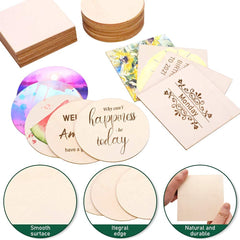 American Elm 100 Pcs Wood Chips Square & Round MDF Blanks for DIY Crafts, Coasters, and Home Decor
