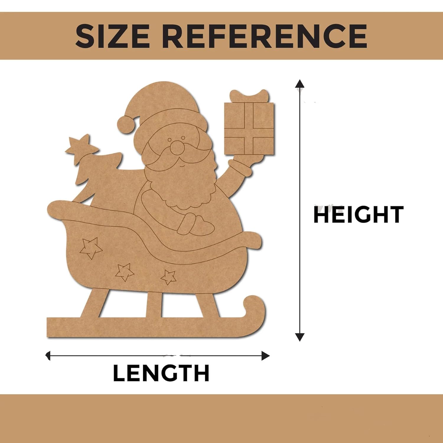 Wooden cutout of Santa Claus on a sleigh with size reference labels for height and length.