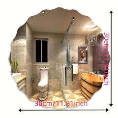 Bathroom interior with a round mirror showing dimensions