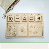 Wooden educational puzzle with numbers and subtraction equation on a white background