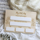 Wooden plaque with engraved text and placeholders on a textured fabric background