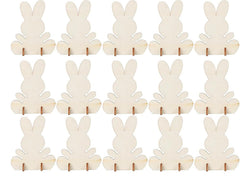 Set of 16 white bunny-shaped candles with wooden holders on a white background