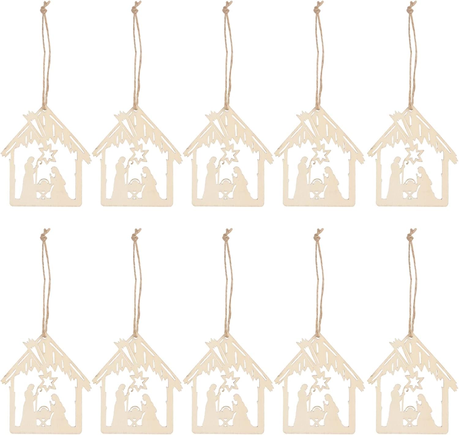 Set of 10 wooden nativity scene Christmas tree ornaments on a white background
