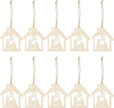 Set of 10 wooden nativity scene Christmas tree ornaments on a white background