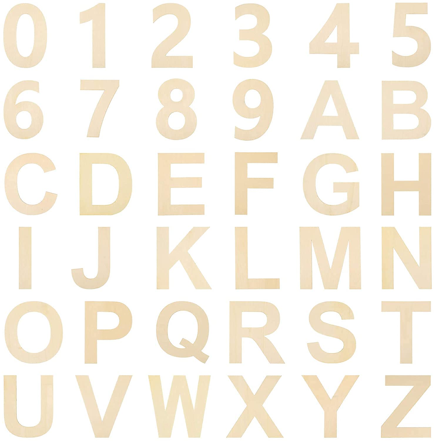Set of wooden letters and numbers in a grid pattern