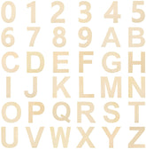 Set of wooden letters and numbers in a grid pattern
