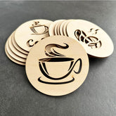 Wooden coasters with coffee cup design on a gray surface