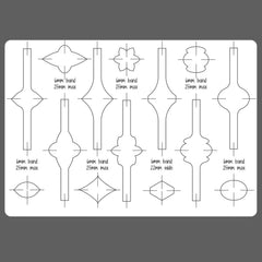 Design template with various geometric shapes and measurements on a gray background