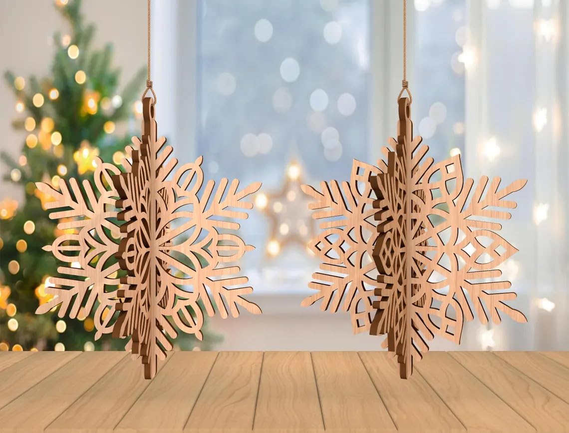 Wooden snowflake decorations on a wooden surface with a festive background
