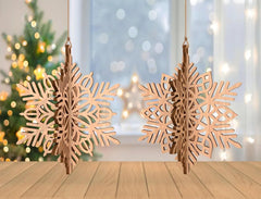 Wooden snowflake decorations on a wooden surface with a festive background