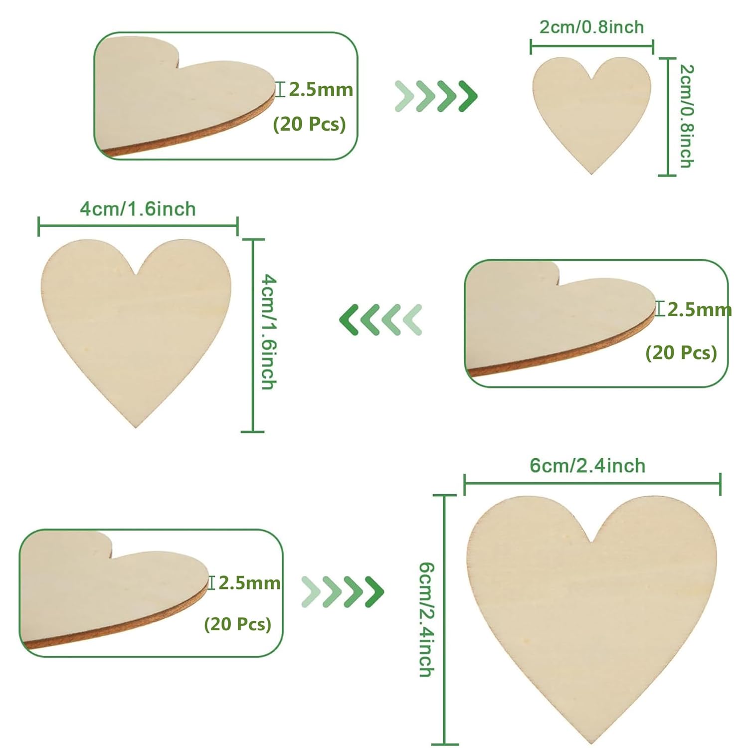 Measurement chart of heart-shaped objects with dimensions and quantities.