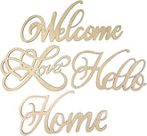 Wooden cutouts with 'Welcome', 'Love', 'Hello', and 'Home' text on a white background