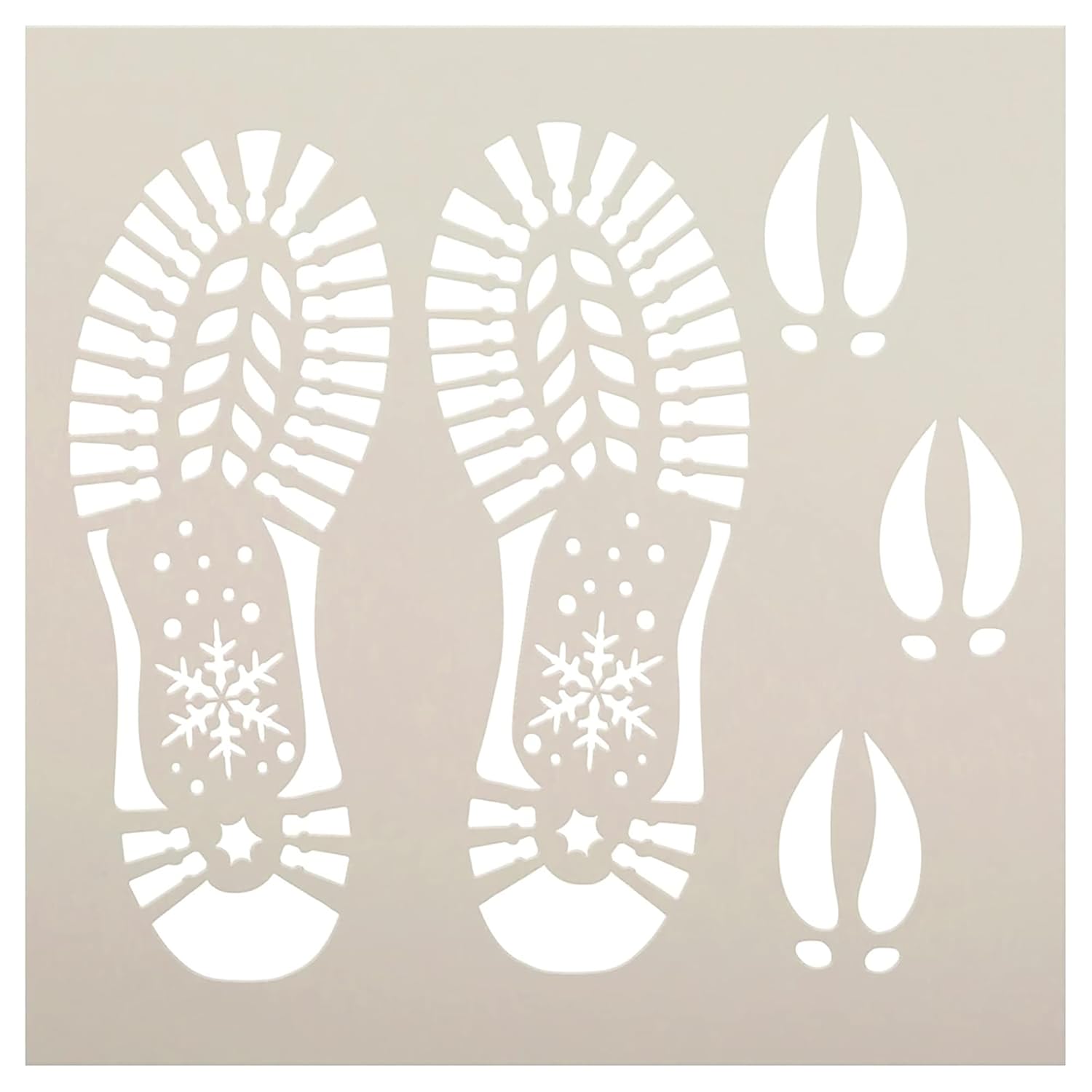 Winter-themed shoe print stencils with snowflakes on a beige background