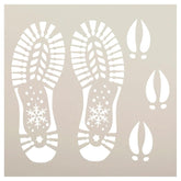 Winter-themed shoe print stencils with snowflakes on a beige background