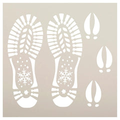 Winter-themed shoe print stencils with snowflakes on a beige background