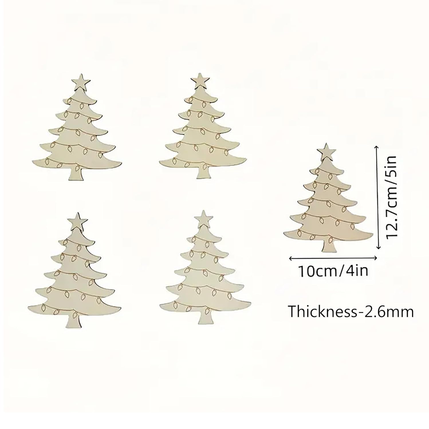Set of five wooden Christmas tree decorations with measurements on a white background