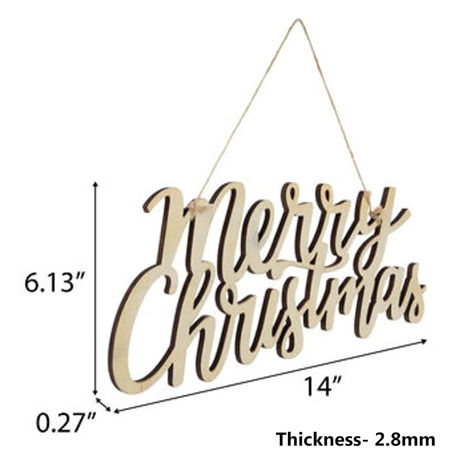 Wooden 'Merry Christmas' sign with measurements on a white background
