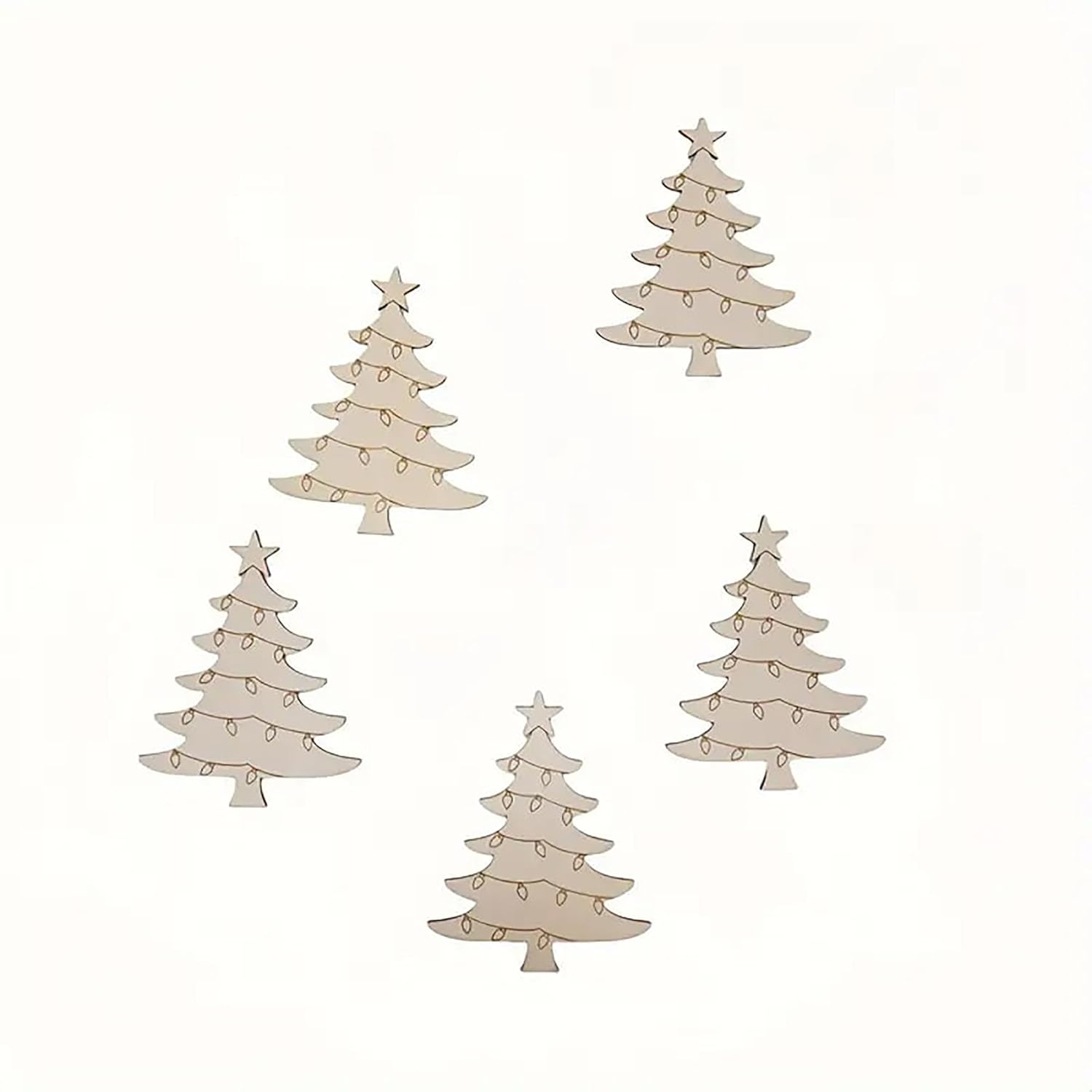 Set of five decorative Christmas trees with lights on a white background