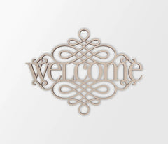 Decorative wooden 'welcome' sign with intricate designs on a white background