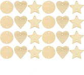 Set of wooden heart and star-shaped tags on a white background