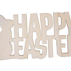 Wooden cutout letters spelling 'Happy Easter' with a bunny silhouette on a white background