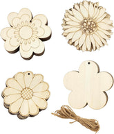 Wooden flower-shaped cutouts with jute string on a white background