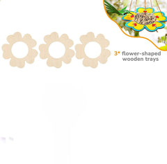 Three flower-shaped wooden trays with a bird feeder in the corner on a white background.