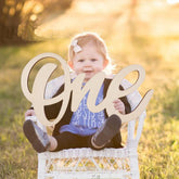 Child sitting in a basket with a wooden 'one' sign outdoors
