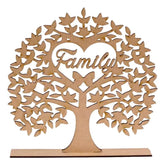 Wooden family tree decoration with 'Family' at the center on a white background