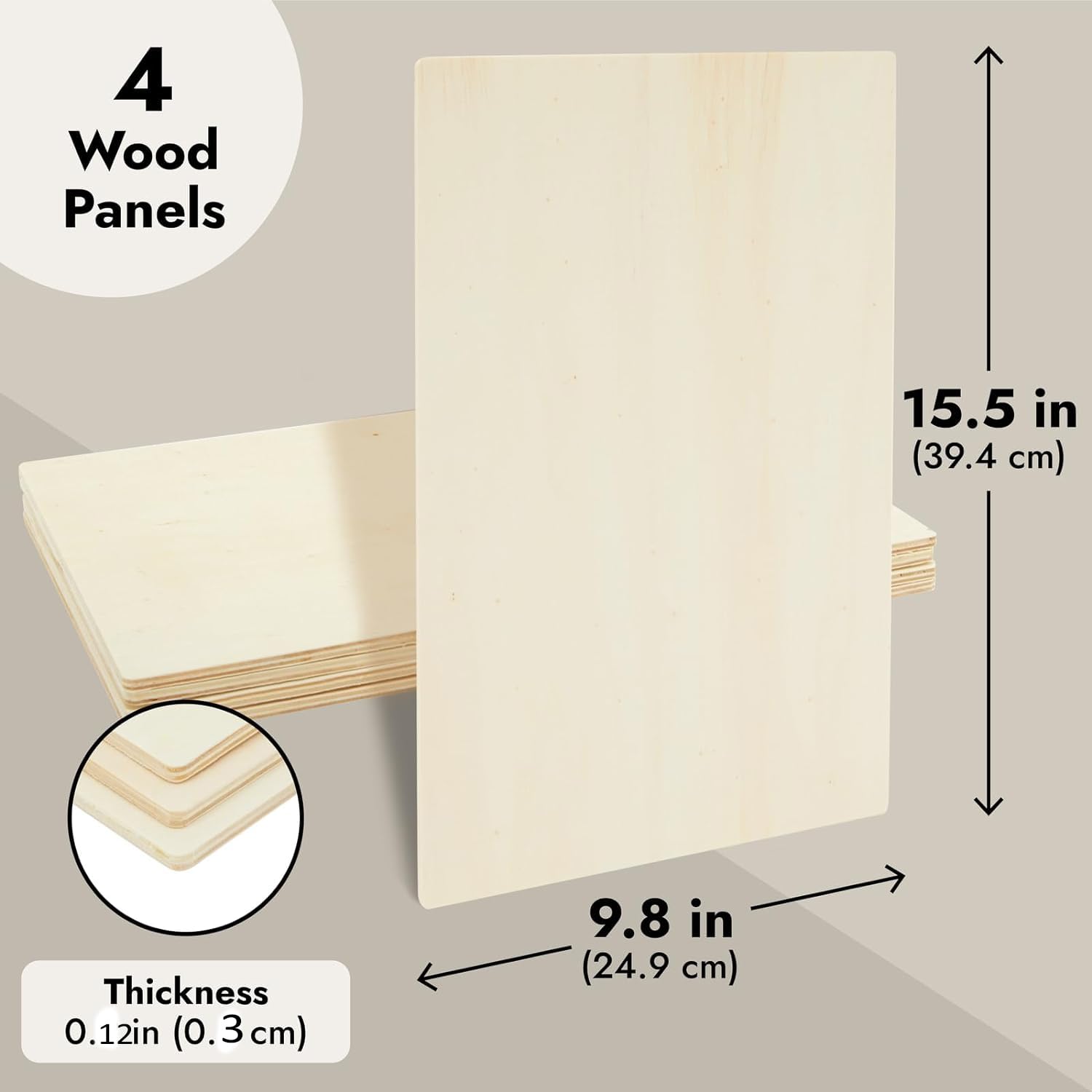 Wood panels with dimensions and thickness details on a gray background