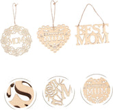 Set of wooden hanging decorations with 'Mum' and 'Best Mom' text on a white background