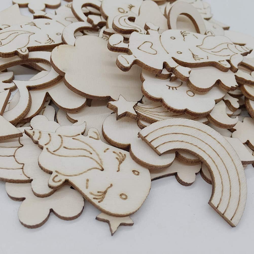 Collection of wooden cutouts with various shapes and designs on a white background