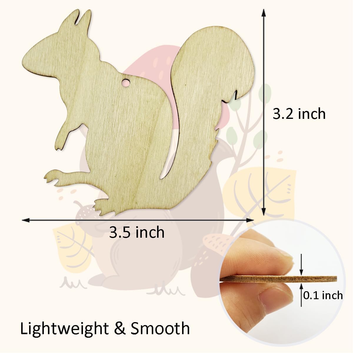 Wooden squirrel ornament with measurements and texture details on a white background
