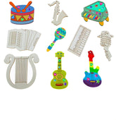 Colorful toy musical instruments and instruments on a white background