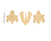 Three gold letter charms on a white background with measurements.