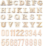 Set of wooden letters and numbers on a white background