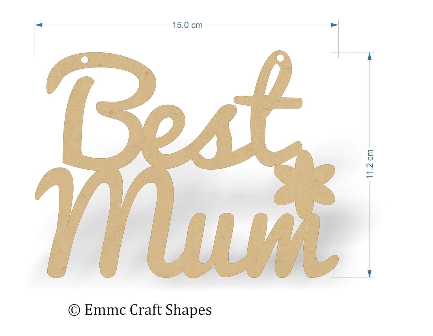 Wooden cutout with 'Best Mum' text and a star, shown with dimensions on a white background.