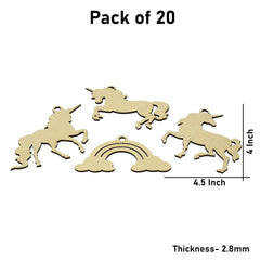 Pack of 20 wooden unicorn and rainbow shapes with measurements on a white background