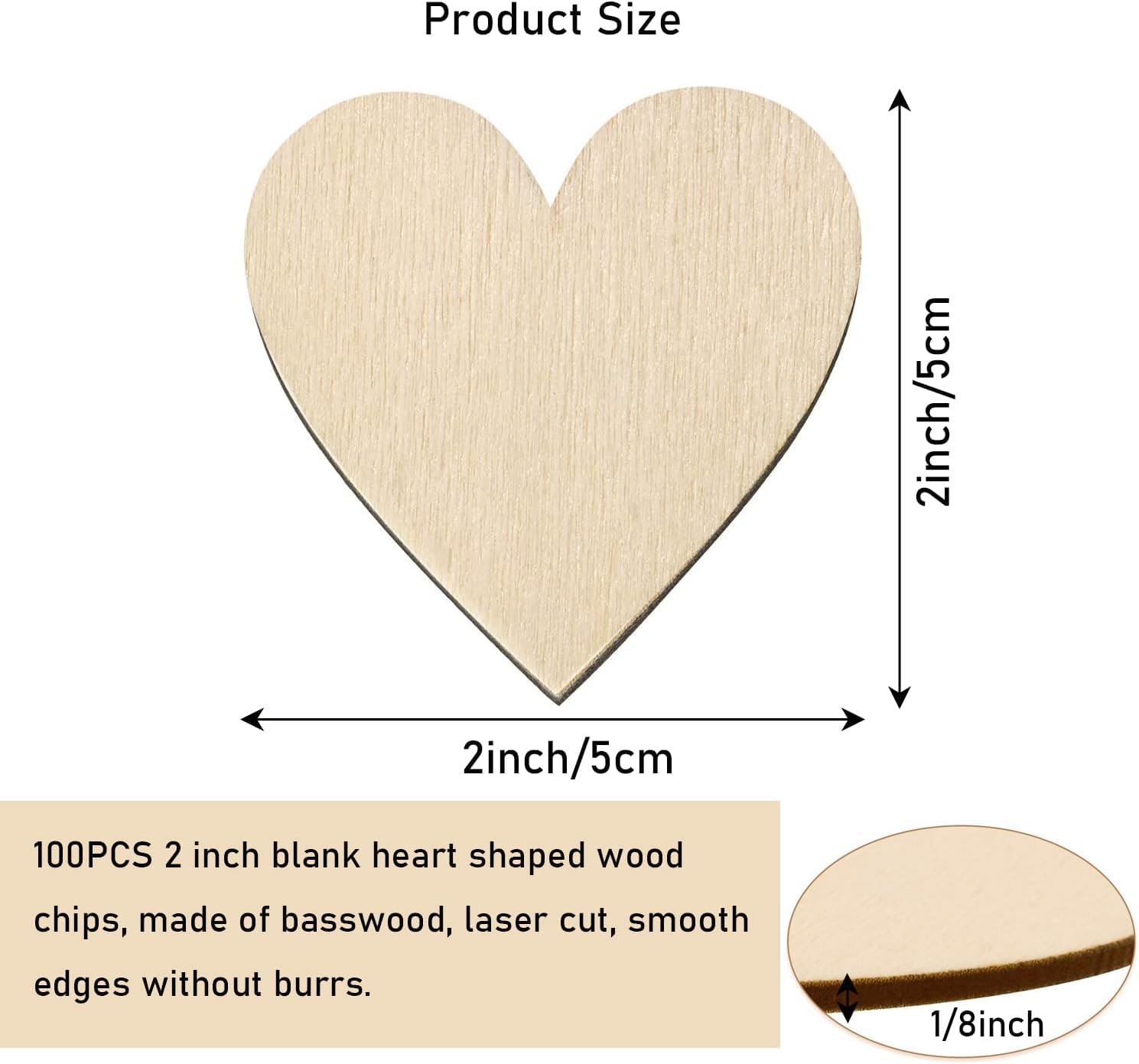 Wooden heart-shaped chip with measurements and product details on a white background