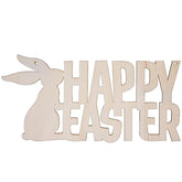 Wooden decorative sign with 'Happy Easter' text and bunny silhouette on a white background