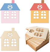 Set of colorful wooden house-shaped cutouts on a white background
