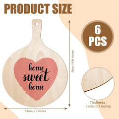 Wooden cutting board with heart design and text, showing product size and quantity information.