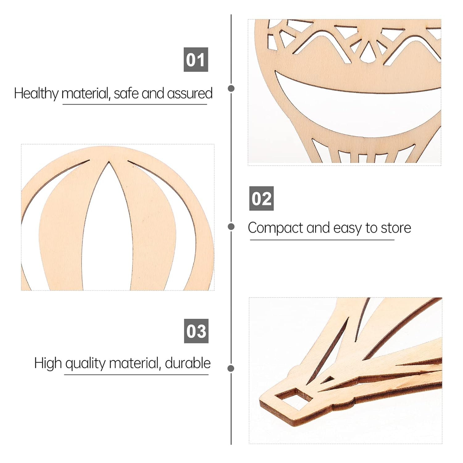 Wooden decorative items with text highlighting health, compactness, and durability.