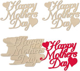 Wooden cutouts with 'Happy Mother's Day' text and hearts on a white background