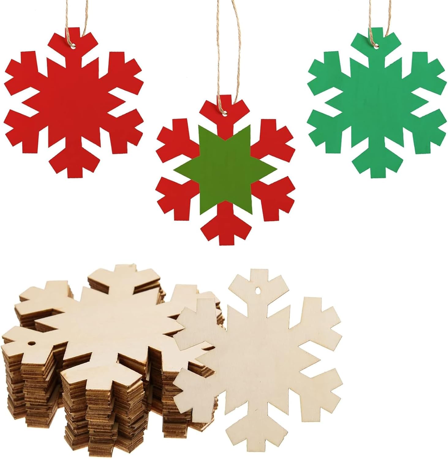 Set of snowflake-shaped decorations in red, green, and beige on a white background