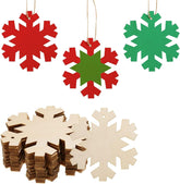 Set of snowflake-shaped decorations in red, green, and beige on a white background