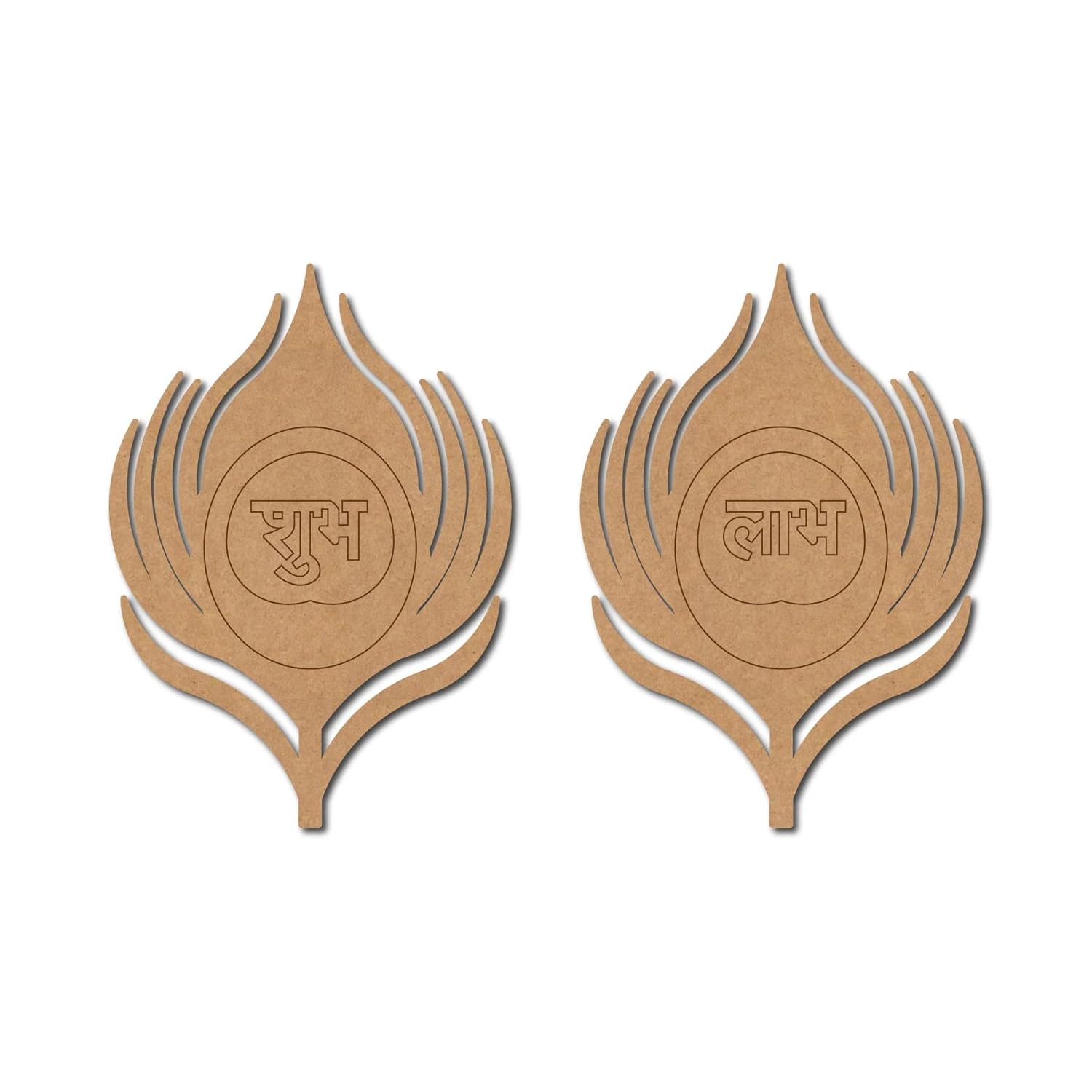 Two brown leaf-shaped earrings with engraved text on a white background