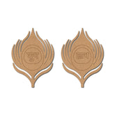 Two brown leaf-shaped earrings with engraved text on a white background